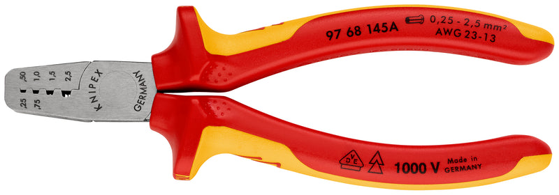 97 68 145 A | VDE Crimping Pliers for Wire Ferrules | Multi-Component Handle | Polished Head - 145mm