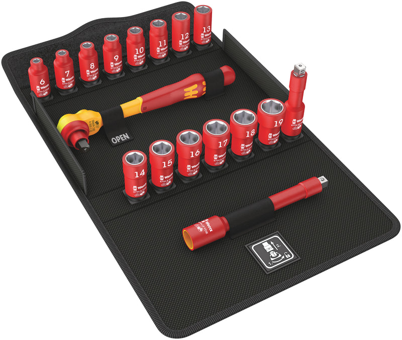 Wera | 8100 SB VDE 1 | Zyklop (3/8in Drive) Insulated Comfort Ratchet Socket Set 17pc