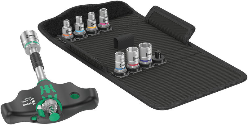 Wera Kraftform Kompakt 400-RA T-Handle 1/4in Socket Set 9pc + Tool Pouch (Various Styles)